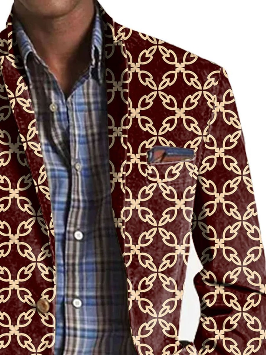 Men BXL Print Jacket | Men'S Retro Ethnic Geometric Print Pocket Casual Blazer Wine Red