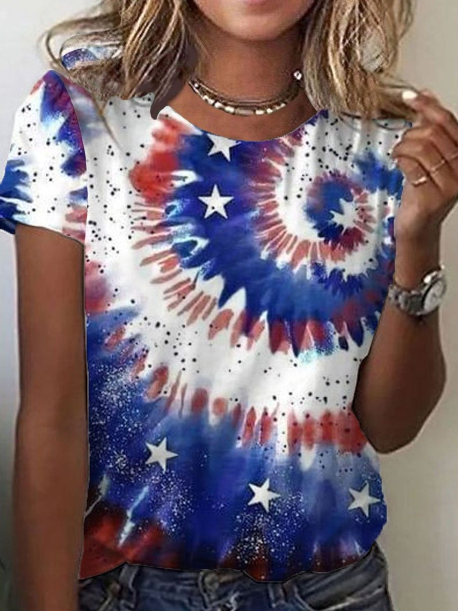 Women DJ | Round Neck Tie-Dye Flag Short Sleeve T-Shirt Photo Color