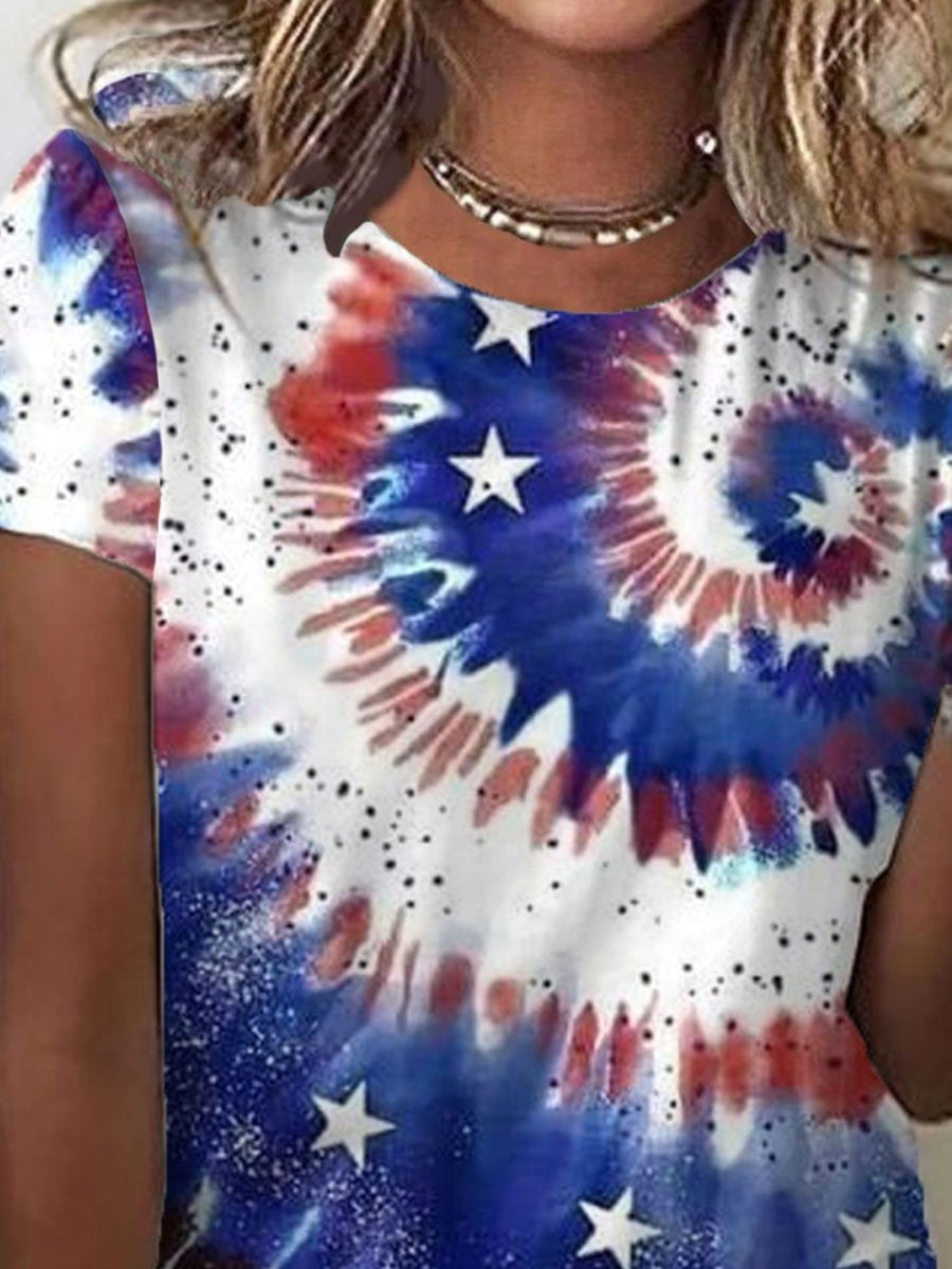 Women DJ | Round Neck Tie-Dye Flag Short Sleeve T-Shirt Photo Color