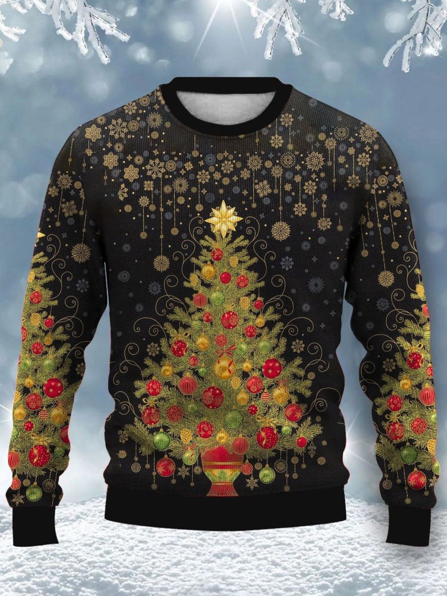 Men DJ Ugly Sweater | Christmas Tree Print Casual Crew Neck Sweatshirt Photo Color