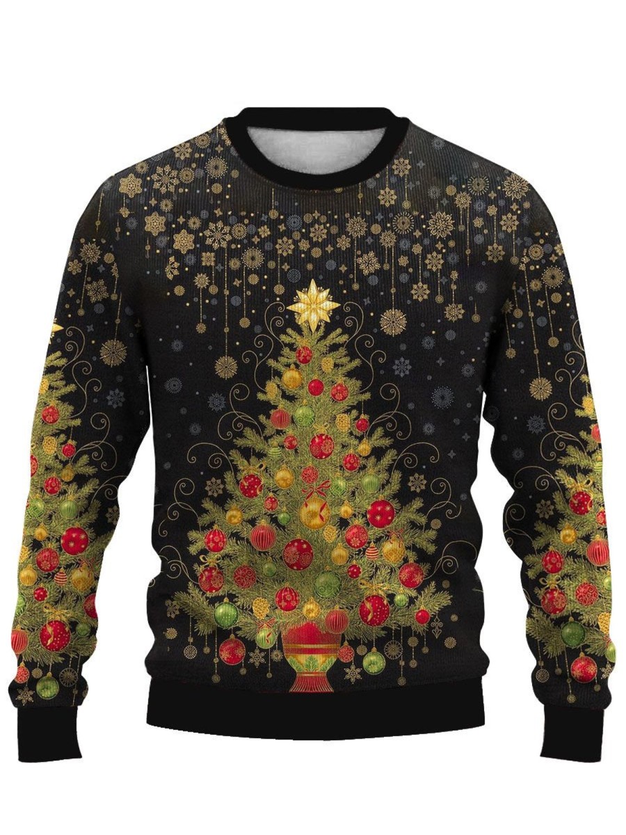 Men DJ Ugly Sweater | Christmas Tree Print Casual Crew Neck Sweatshirt Photo Color