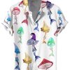 Men HWT Shirts | Men'S Hawaiian Shirts Watercolor Mushroom Mermaid Print Short Sleeve Shirt White