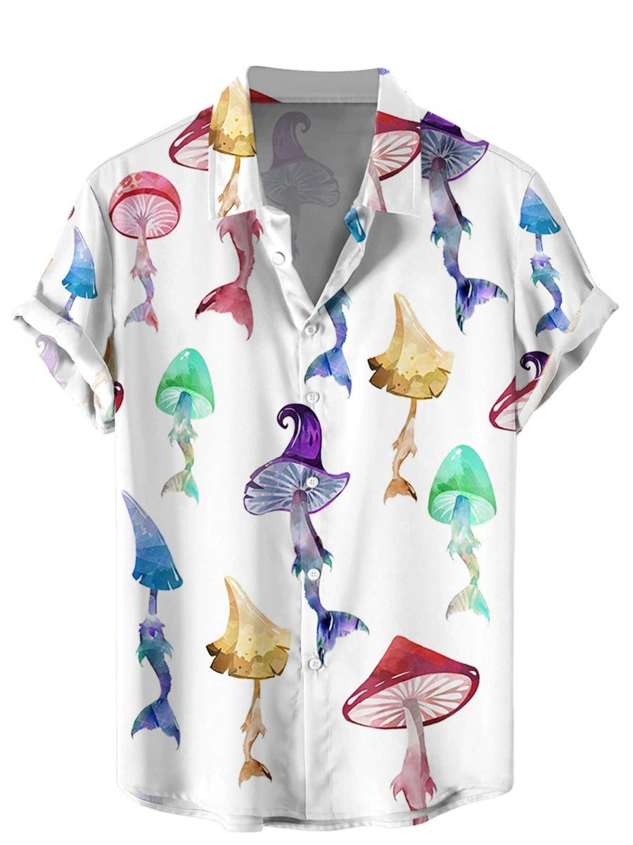 Men HWT Shirts | Men'S Hawaiian Shirts Watercolor Mushroom Mermaid Print Short Sleeve Shirt White