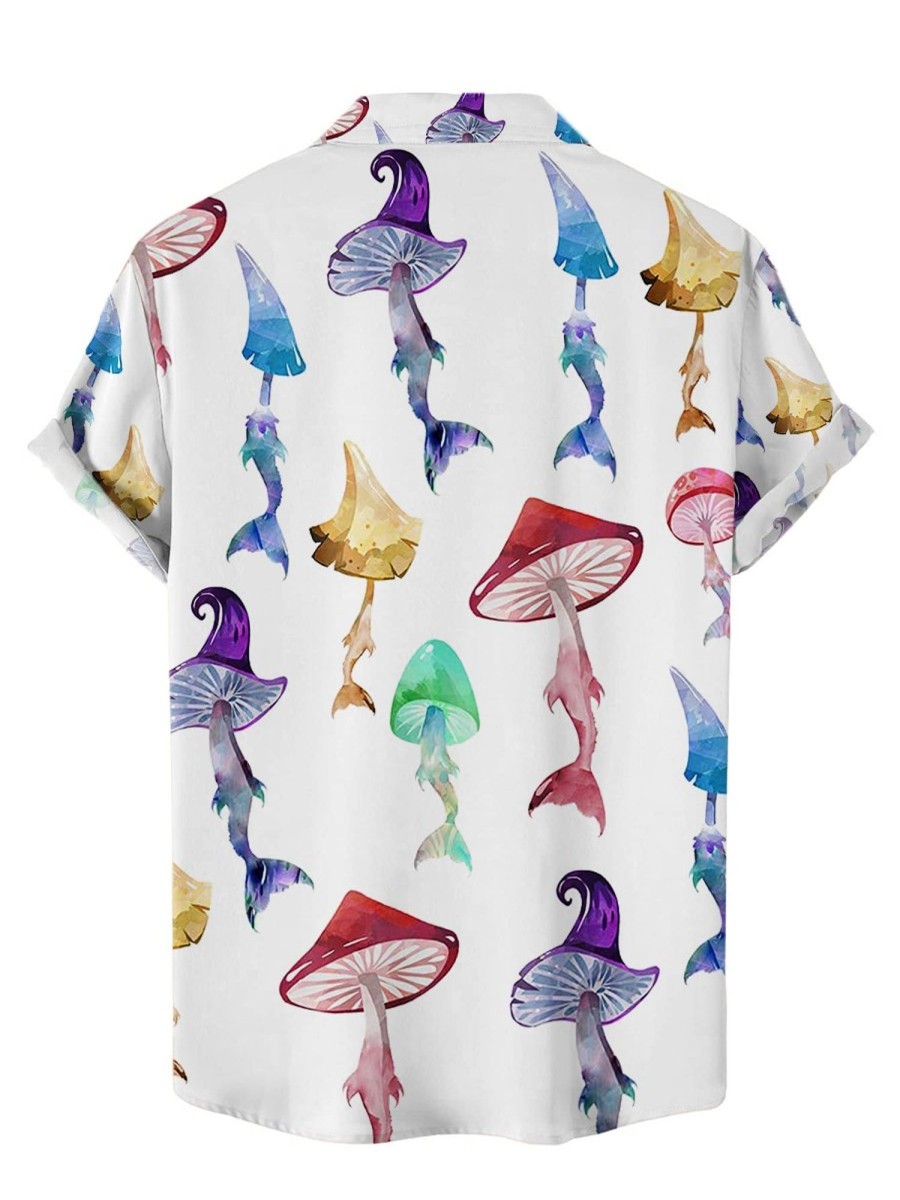 Men HWT Shirts | Men'S Hawaiian Shirts Watercolor Mushroom Mermaid Print Short Sleeve Shirt White