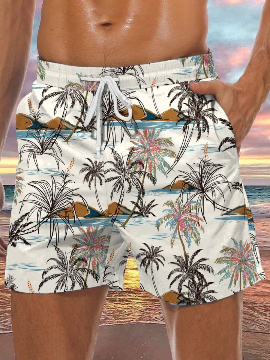 Men HLJ Shorts | Men'S Island Palms Hand Drawn Print Drawstring Board Shorts Apricot