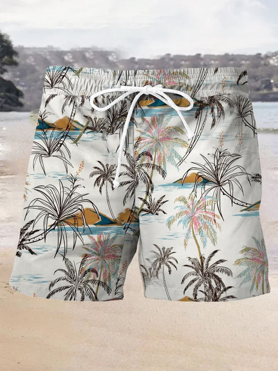 Men HLJ Shorts | Men'S Island Palms Hand Drawn Print Drawstring Board Shorts Apricot