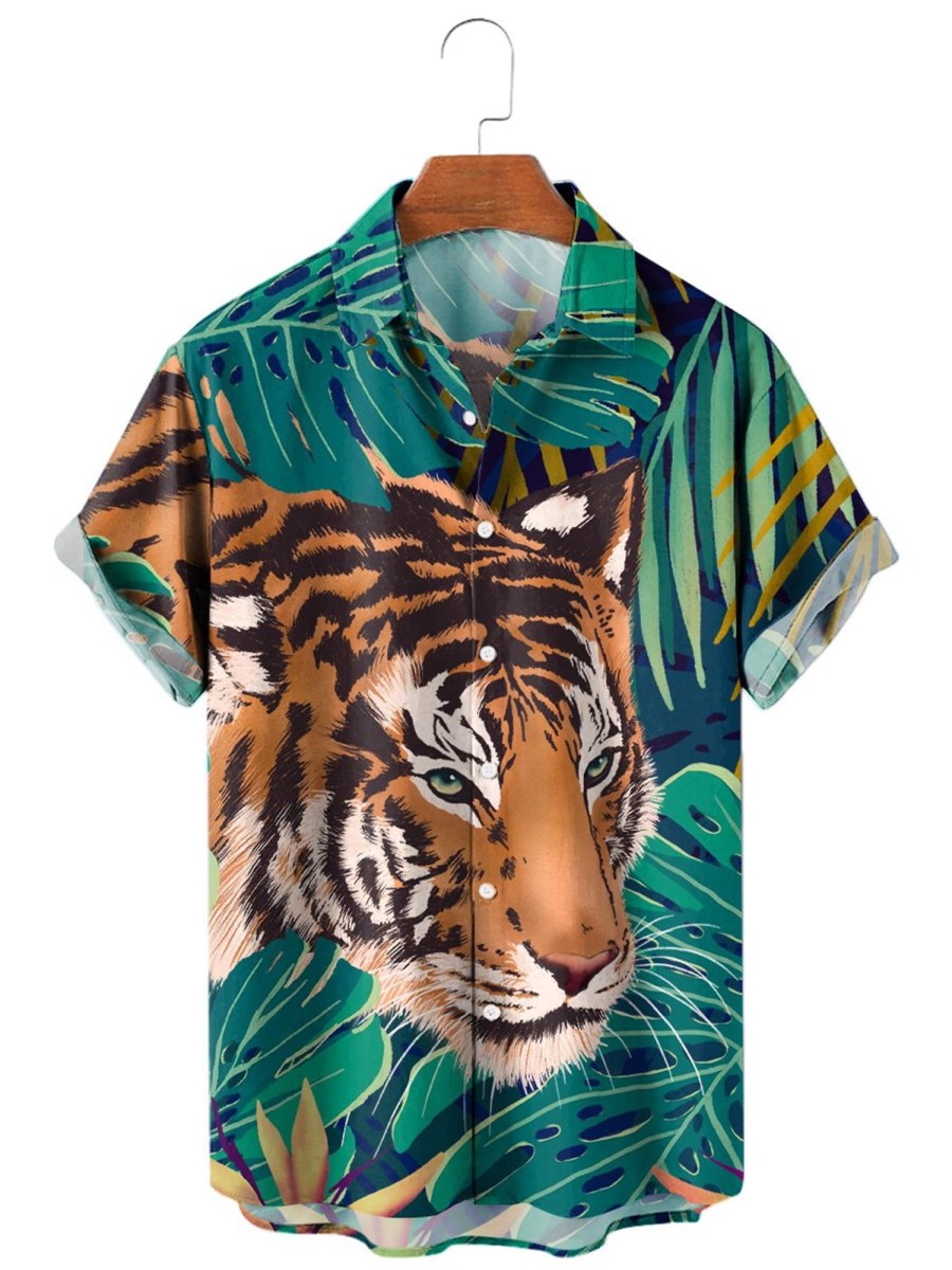 Men HLJ Shirts | Men'S Hawaiian Predator Short Sleeve Shirt Green