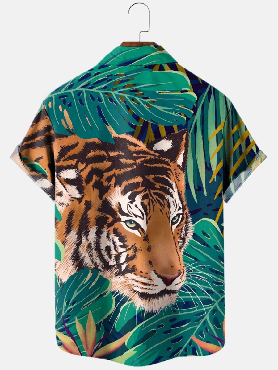 Men HLJ Shirts | Men'S Hawaiian Predator Short Sleeve Shirt Green