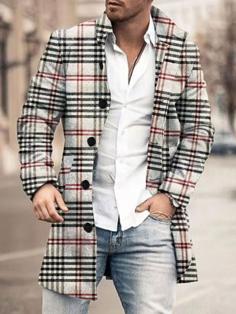 Men BXL Print Jacket | Men'S Casual Button Pocket Vintage Plaid Wool Coat Photo Color