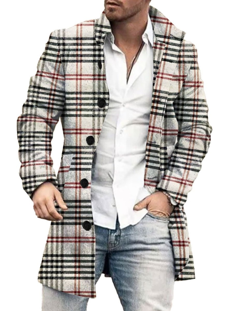 Men BXL Print Jacket | Men'S Casual Button Pocket Vintage Plaid Wool Coat Photo Color