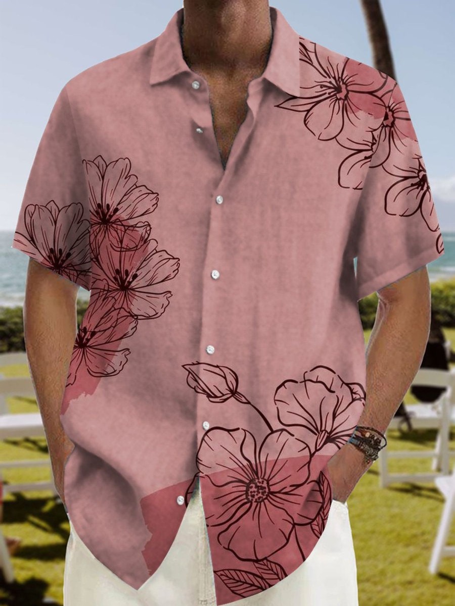 Men HLJ Shirts | Beautiful Floral Vacation Casual Short-Sleeved Shirt Pink