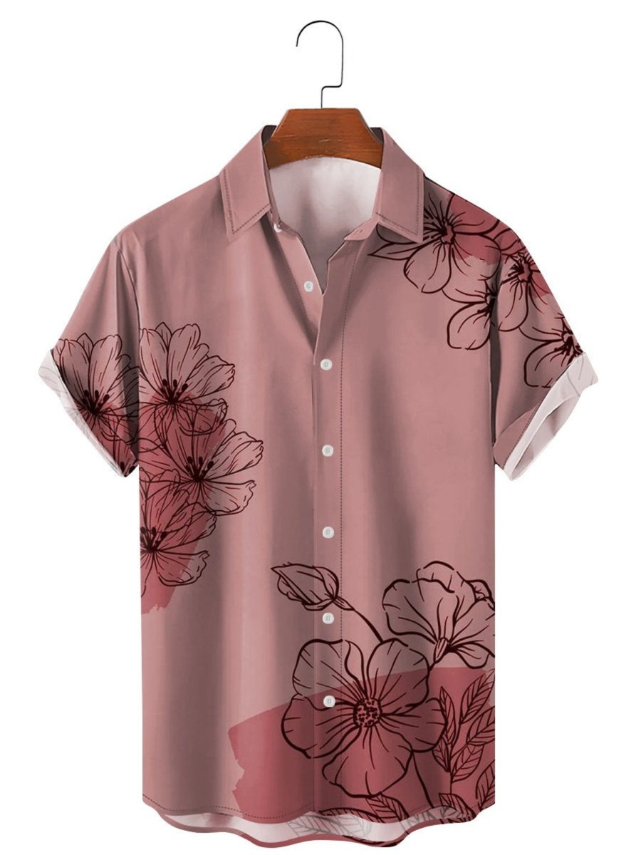 Men HLJ Shirts | Beautiful Floral Vacation Casual Short-Sleeved Shirt Pink