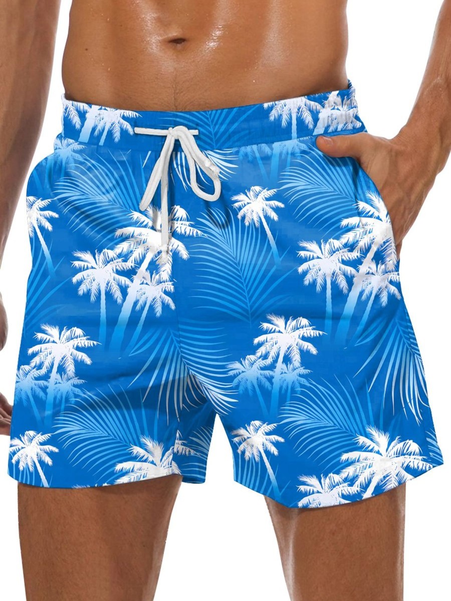 Men DJ Shorts | Coconut Tree Print Two-Pocket Shorts Blue