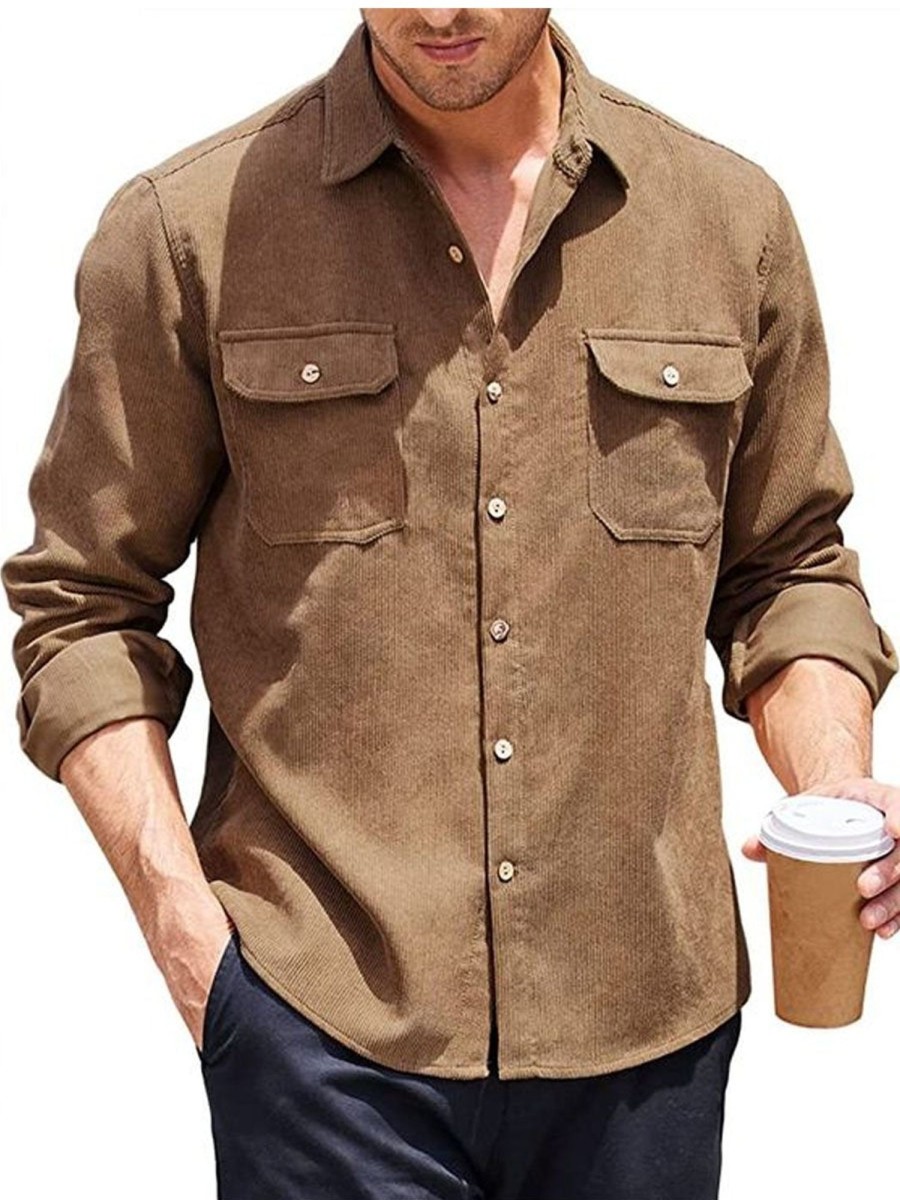 Men DJ Casual Long Sleeve Shirts | Vintage Double Pocket Corduroy Casual Long Sleeve Shirt Brown