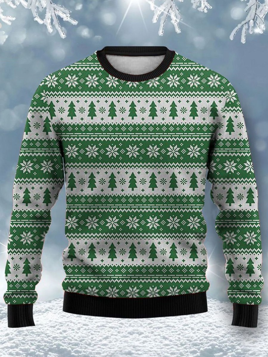 Men GYJ Ugly Sweater | Snowflake Christmas Tree Check Print Crew Neck Sweatshirt Green