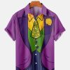 Men DJ Shirts | Mardi Gras Printed Casual Pocket Short Sleeve Shirt Purple