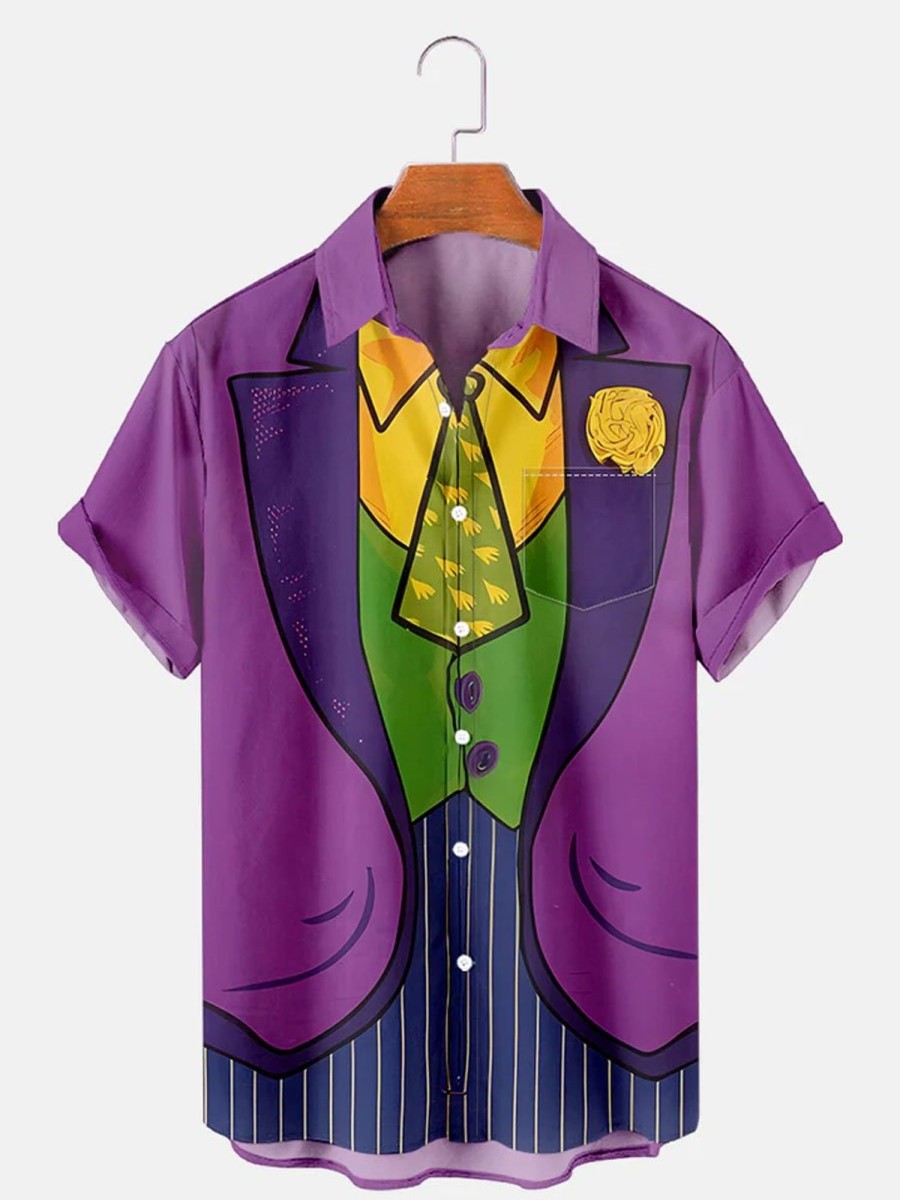 Men DJ Shirts | Mardi Gras Printed Casual Pocket Short Sleeve Shirt Purple