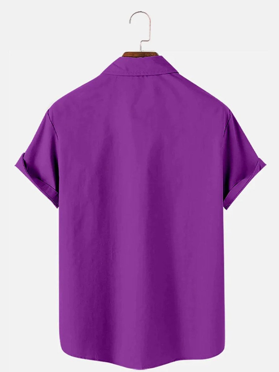 Men DJ Shirts | Mardi Gras Printed Casual Pocket Short Sleeve Shirt Purple