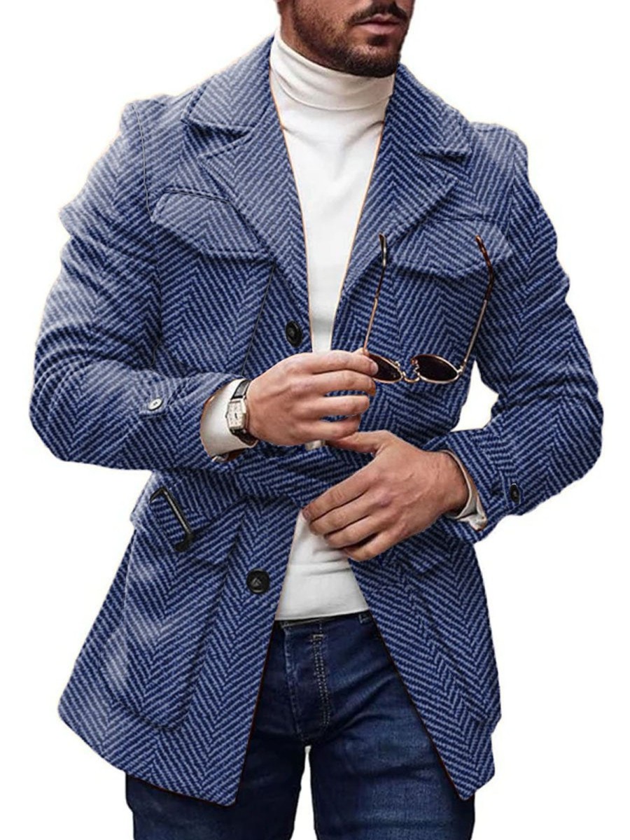 Men DJ Jacket | Vintage 4-Pocket Lapel Lace-Up Casual Herringbone Woolen Coat