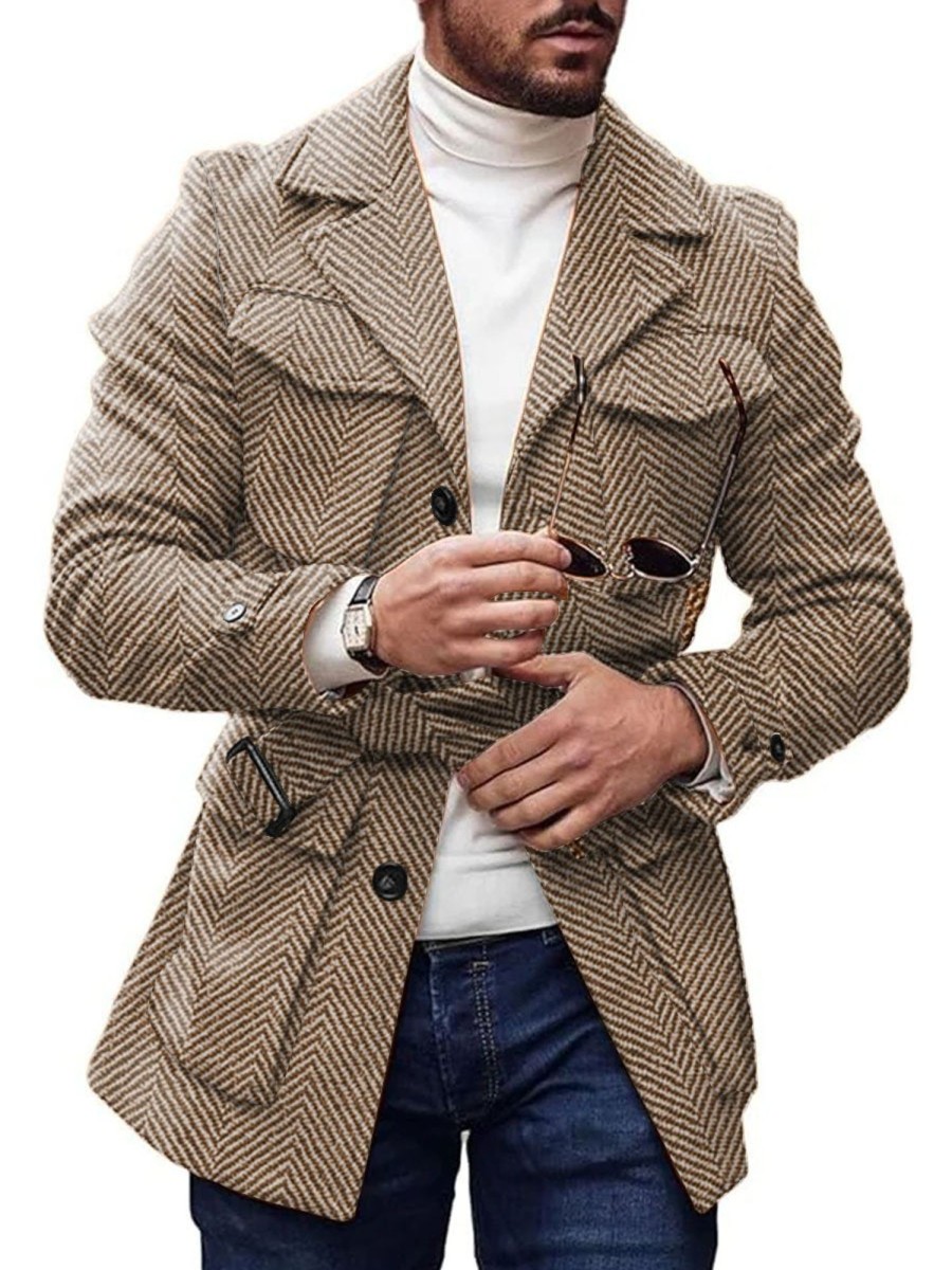 Men DJ Jacket | Vintage 4-Pocket Lapel Lace-Up Casual Herringbone Woolen Coat