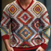 Men DJ Print Sweater | Retro Ethnic Pattern Print Casual V-Neck Knitted Pullover Sweater Photo Color