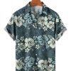 Men HLJ Shirts | Vintage Hibiscus Tribal Print Short Sleeve Shirt Blue