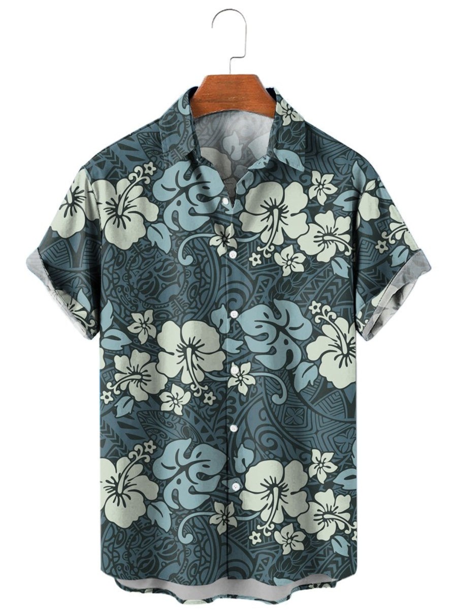 Men HLJ Shirts | Vintage Hibiscus Tribal Print Short Sleeve Shirt Blue