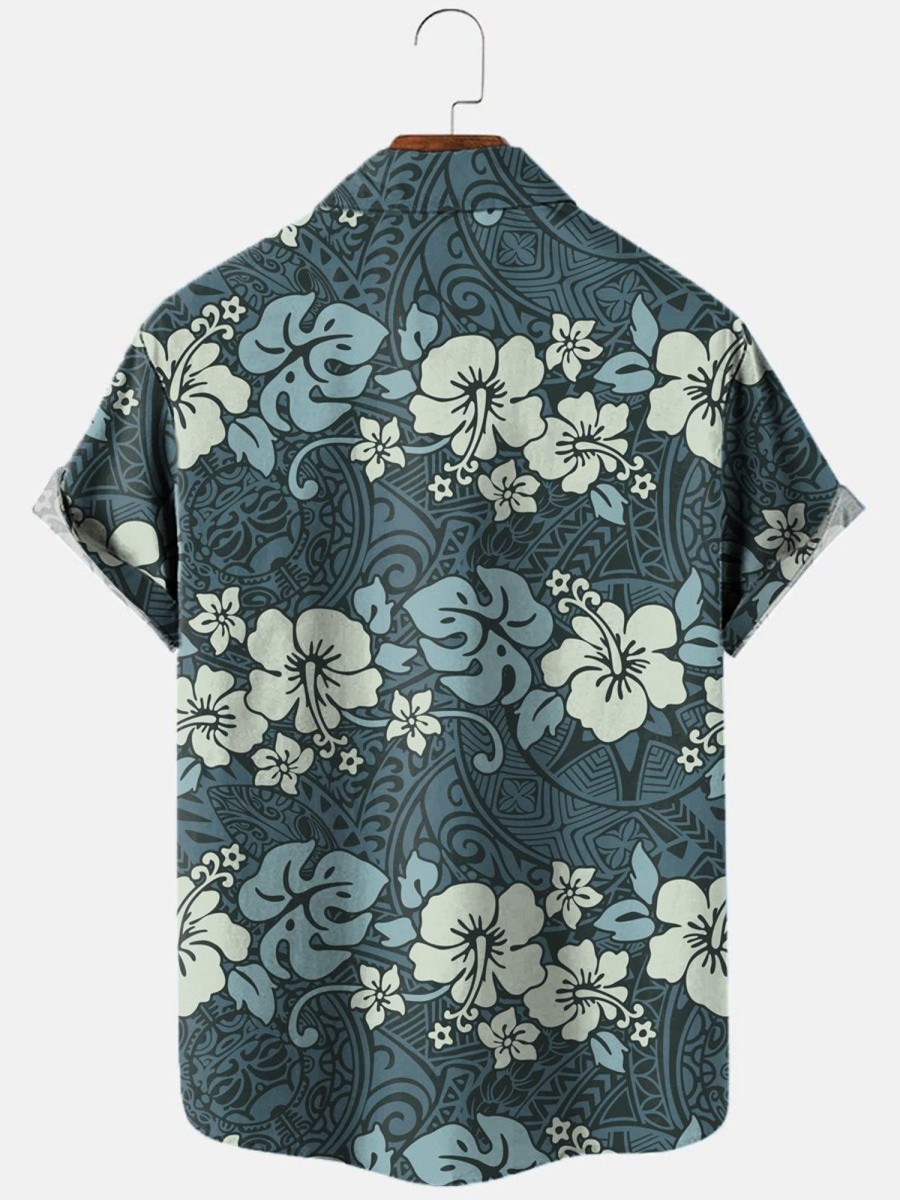 Men HLJ Shirts | Vintage Hibiscus Tribal Print Short Sleeve Shirt Blue