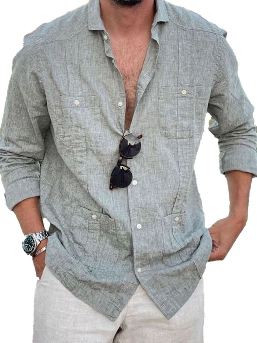 Men DJ Casual Long Sleeve Shirts | Lapel Multi-Pocket Casual Long-Sleeved Shirt Gray