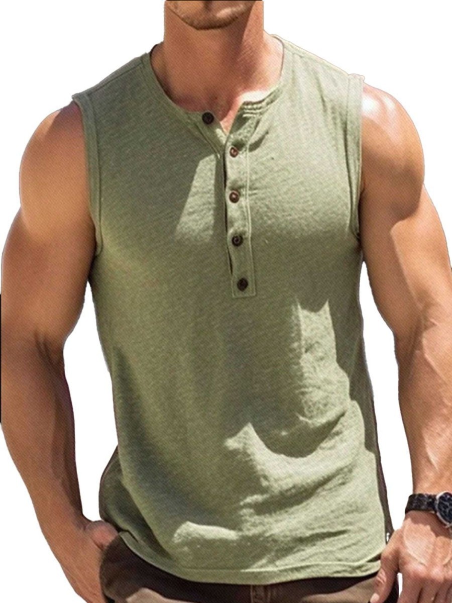 Men DJ Casual Shirts | Half Open Collar Solid Color Casual Sleeveless Vest Green