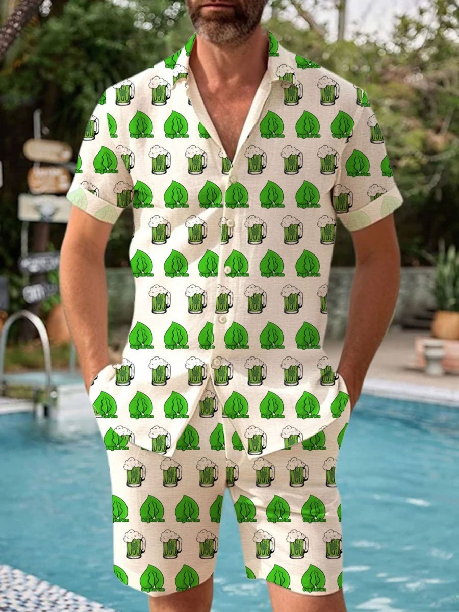 Men BXL Set | Fun St. Patrick'S Day Shamrock Print Casual Short Sleeve Shirt Set Green