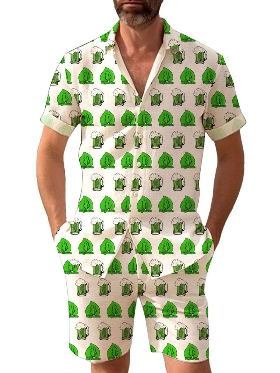 Men BXL Set | Fun St. Patrick'S Day Shamrock Print Casual Short Sleeve Shirt Set Green