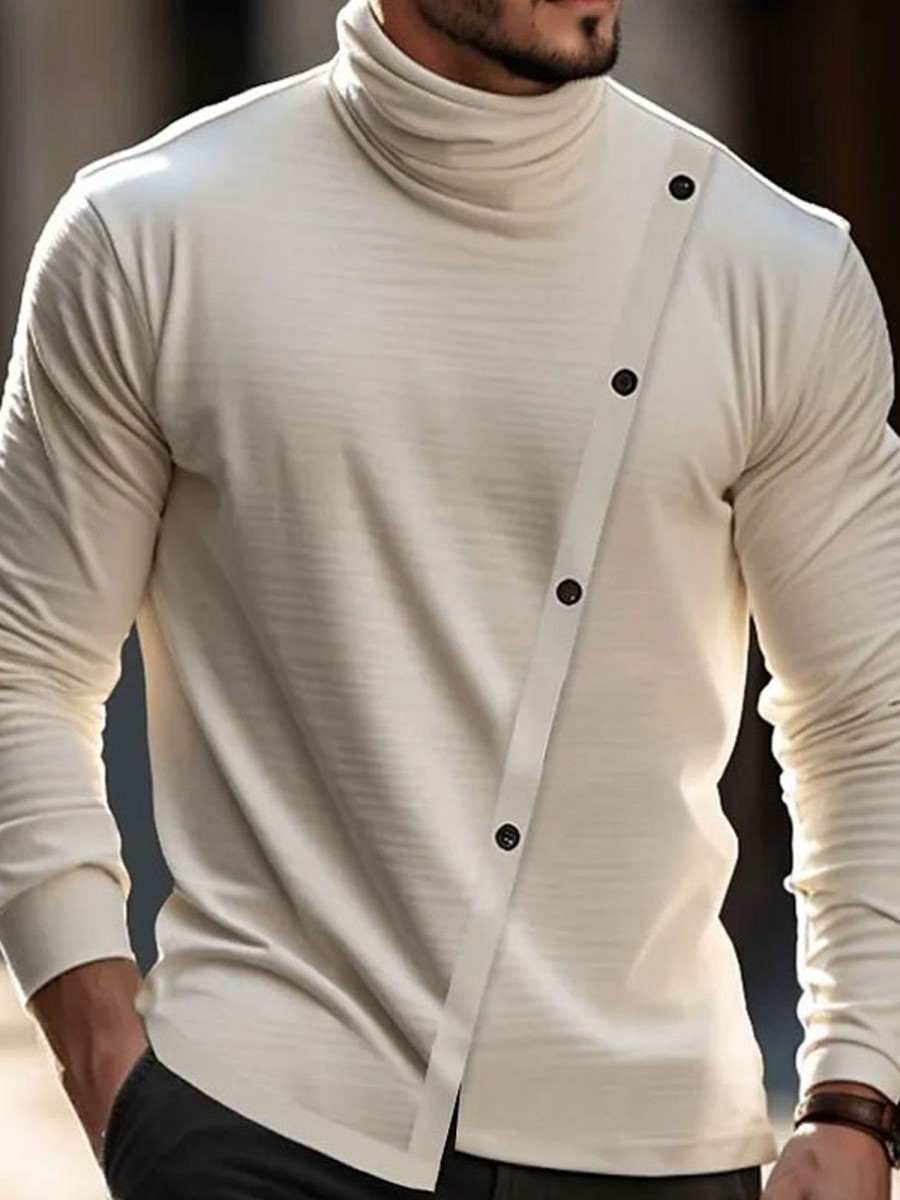 Men TH Casual Shirts | Men'S Plain Turtleneck Button Long Sleeve T-Shirt Beige