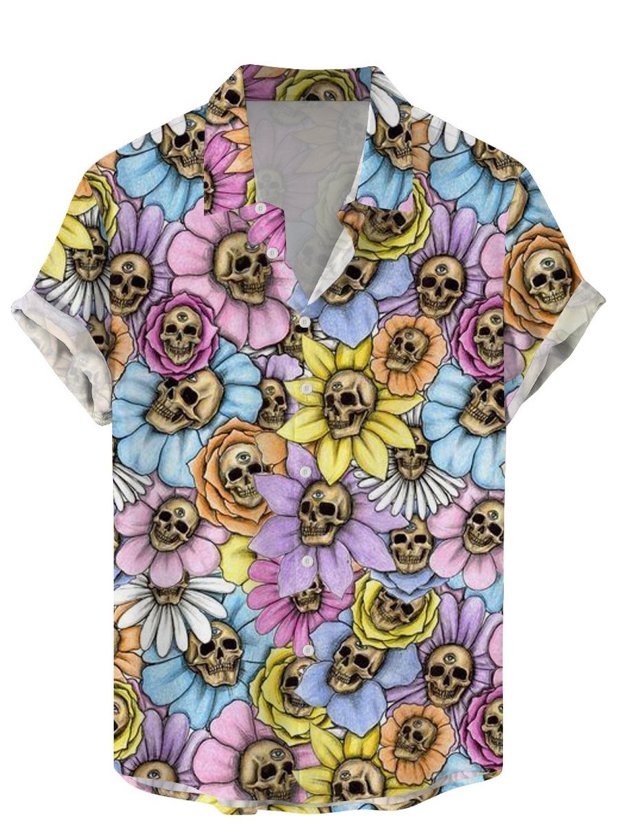 Men DJ Shirts | Skull Floral Print Casual Hawaiian Short Sleeve Shirt Photo Color