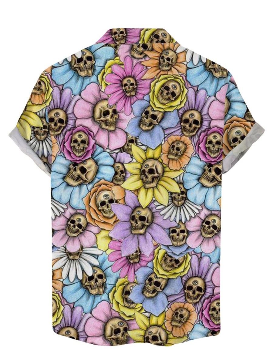 Men DJ Shirts | Skull Floral Print Casual Hawaiian Short Sleeve Shirt Photo Color