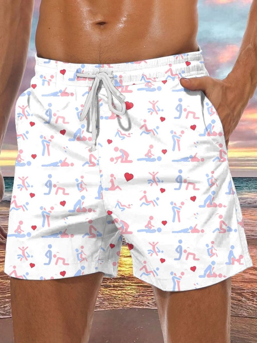 Men BXL Bottoms | Fun Valentine'S Day Heart Print Casual Shorts White