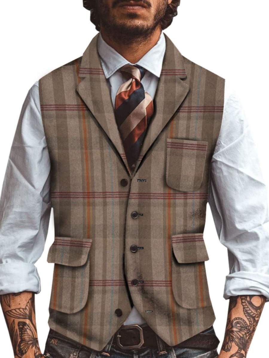 Men BXL Vest | Men'S Wool Plaid Printed Casual Multi-Pocket Vest Brown