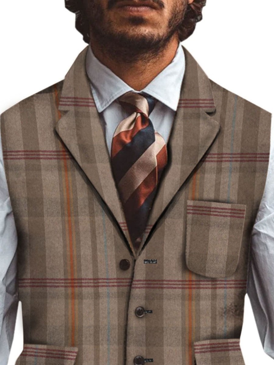 Men BXL Vest | Men'S Wool Plaid Printed Casual Multi-Pocket Vest Brown