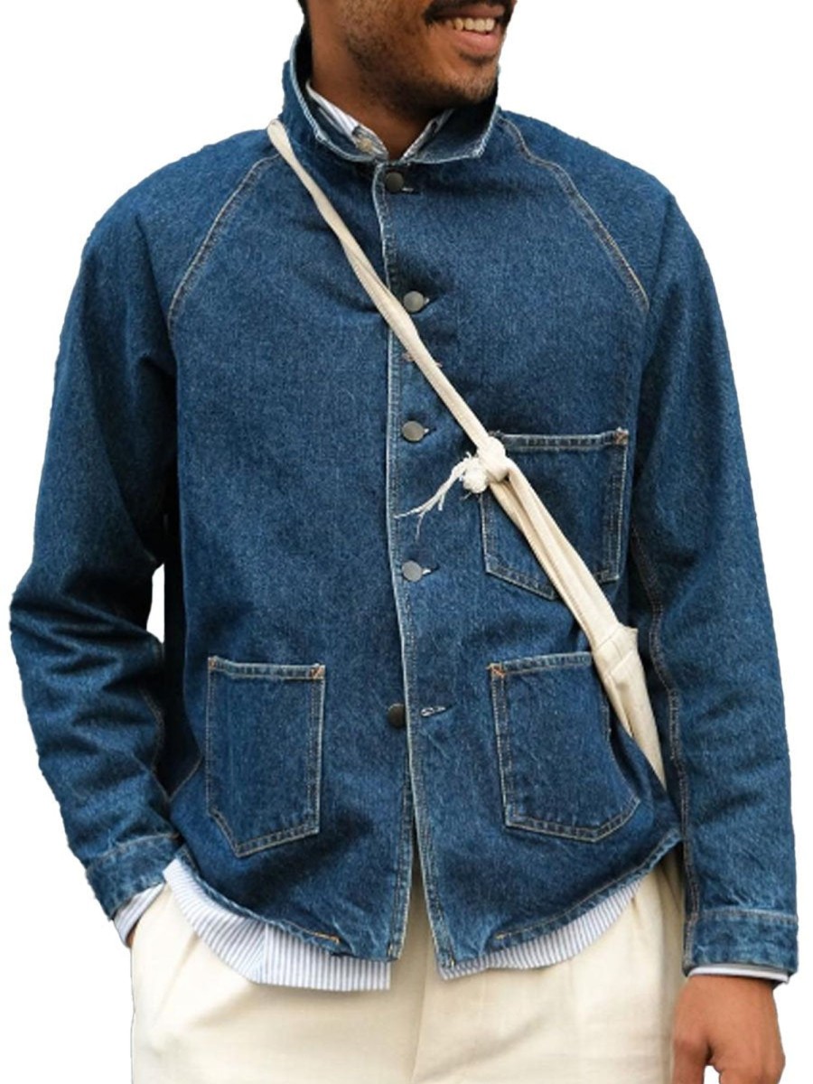 Men DJ Jacket | Lapel Single-Breasted Three-Pocket Vintage Denim Jacket Blue