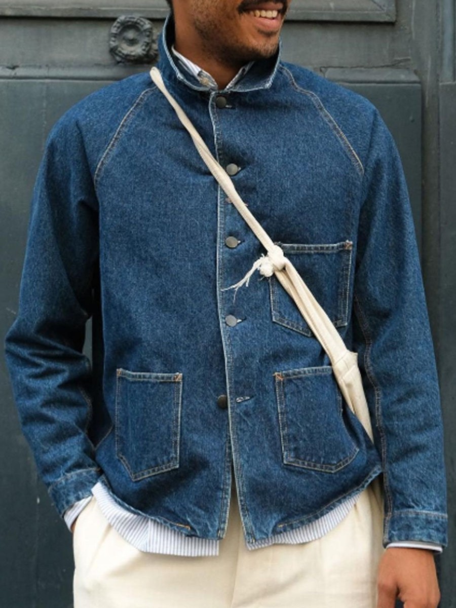 Men DJ Jacket | Lapel Single-Breasted Three-Pocket Vintage Denim Jacket Blue