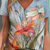 Women DJ | V-Neck Lily Dragonfly Print Casual Short Sleeve T-Shirt Photo Color