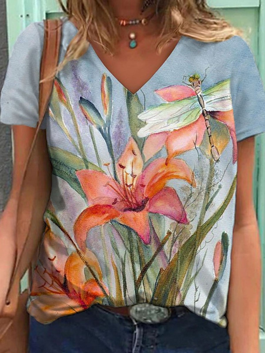 Women DJ | V-Neck Lily Dragonfly Print Casual Short Sleeve T-Shirt Photo Color