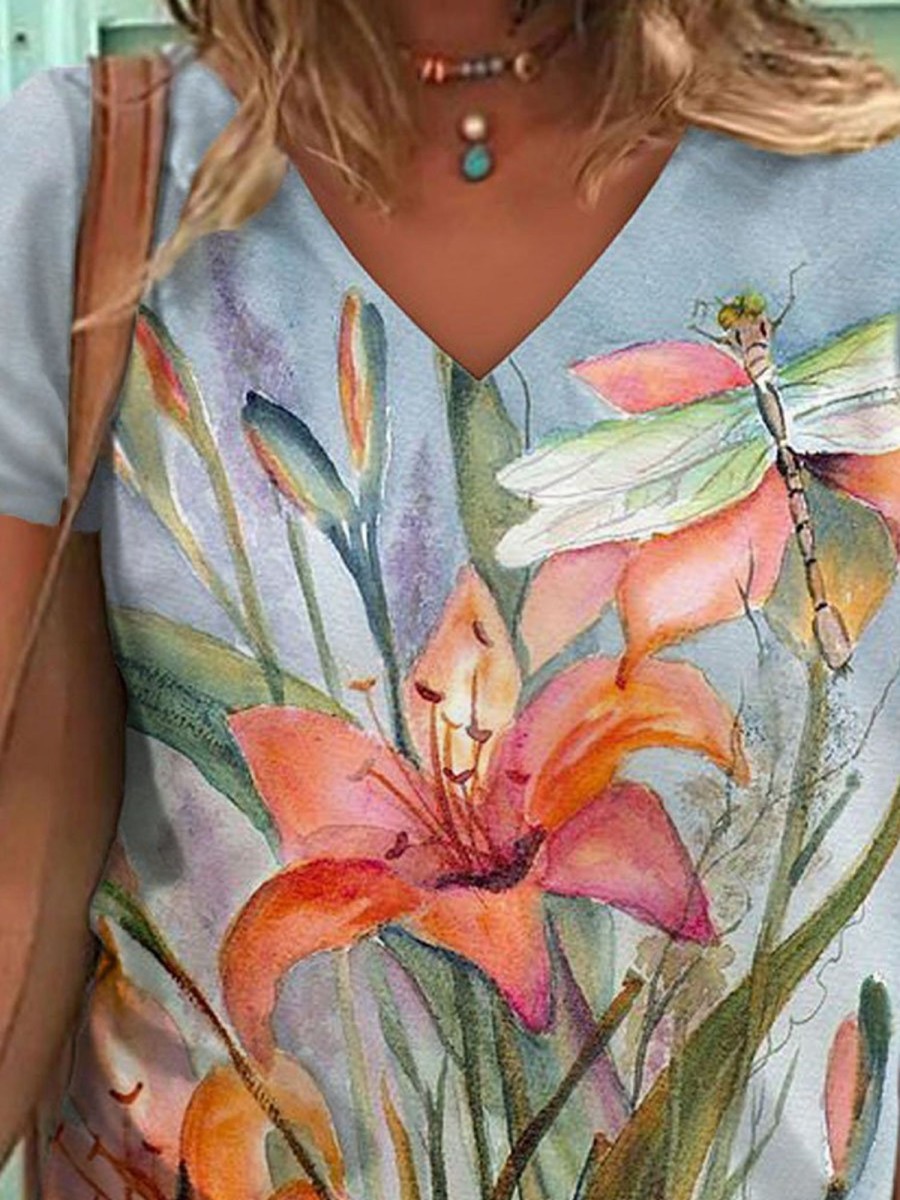 Women DJ | V-Neck Lily Dragonfly Print Casual Short Sleeve T-Shirt Photo Color