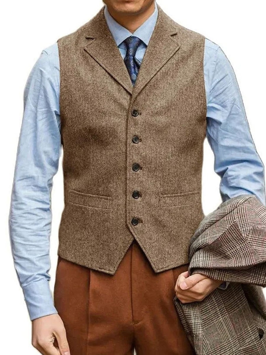 Men DJ Vest | Retro American Style Double Pocket Lapel Single Breasted Casual Suit Vest Brown