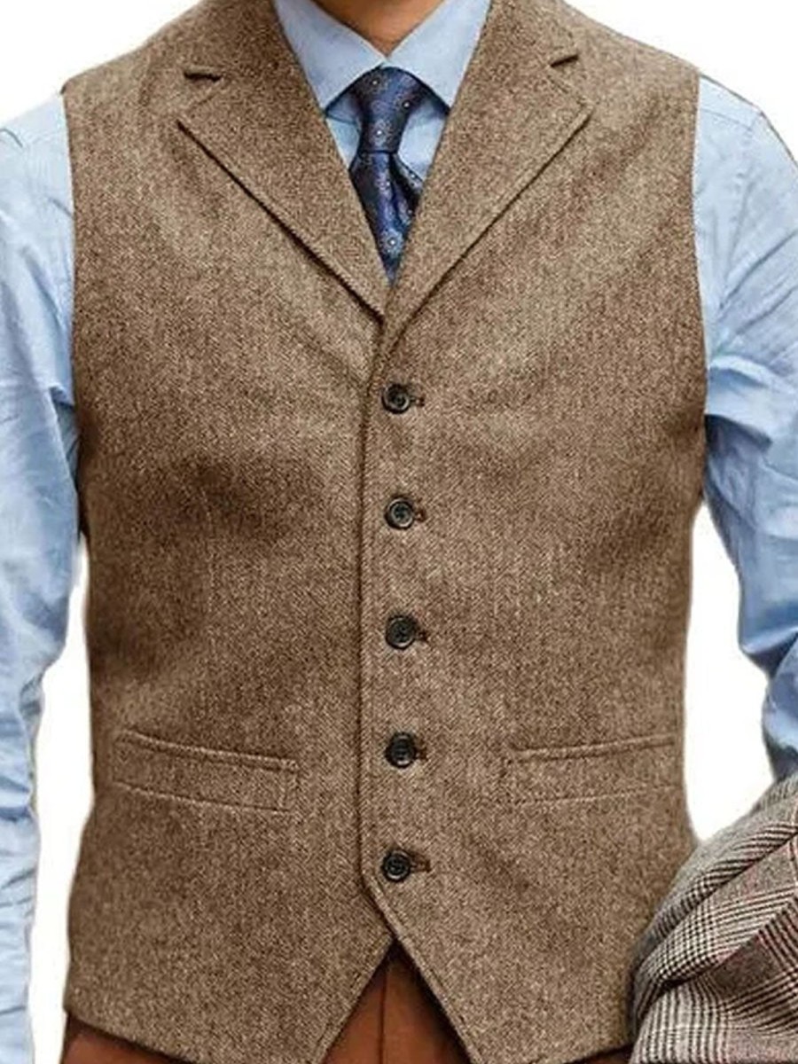 Men DJ Vest | Retro American Style Double Pocket Lapel Single Breasted Casual Suit Vest Brown