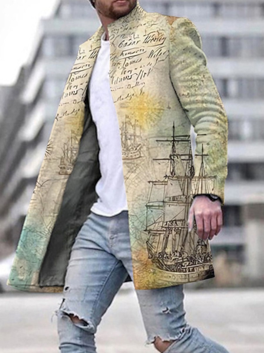 Men LJC Jacket | Vintage Marine Boat Print Single-Breasted Double-Pocket Jacket Photo Color