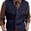 Men DJ Vest | American Retro Double Pocket Single Breasted Casual Denim Vest Navy Blue