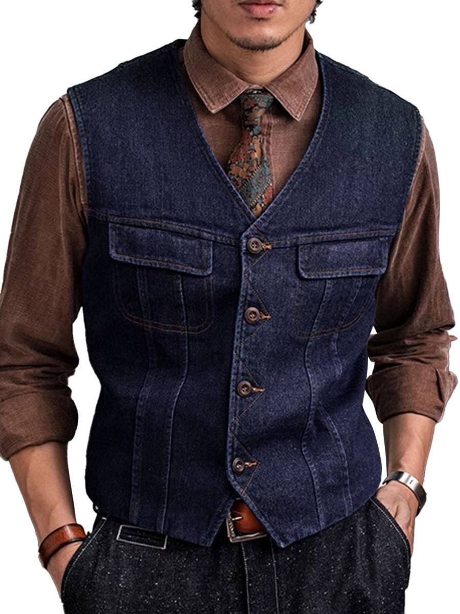 Men DJ Vest | American Retro Double Pocket Single Breasted Casual Denim Vest Navy Blue