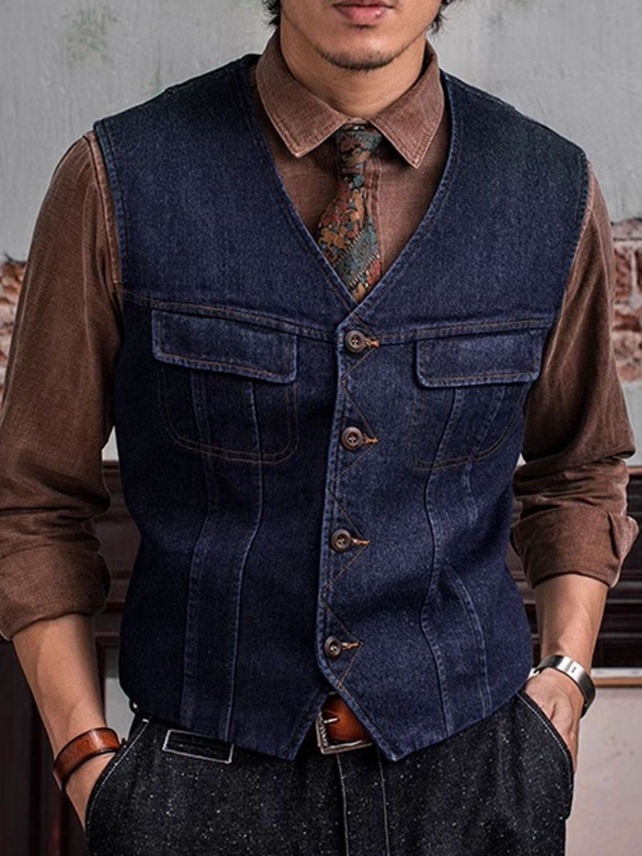 Men DJ Vest | American Retro Double Pocket Single Breasted Casual Denim Vest Navy Blue