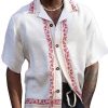 Men DJ Casual Shirts | Cuban Collar Retro Print Casual Short Sleeve Shirt White